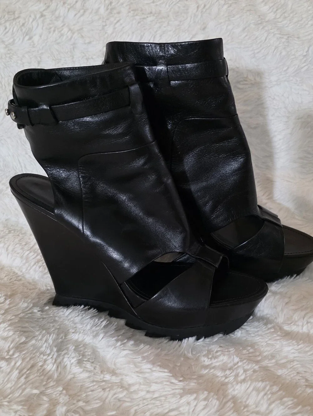 Camilla Skovgaard Black Leather Sawtooth Wedge Sandals Open Toe 39.5